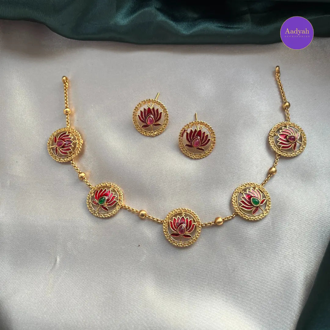 Lotus Enamel Necklace Set – Multi Colour