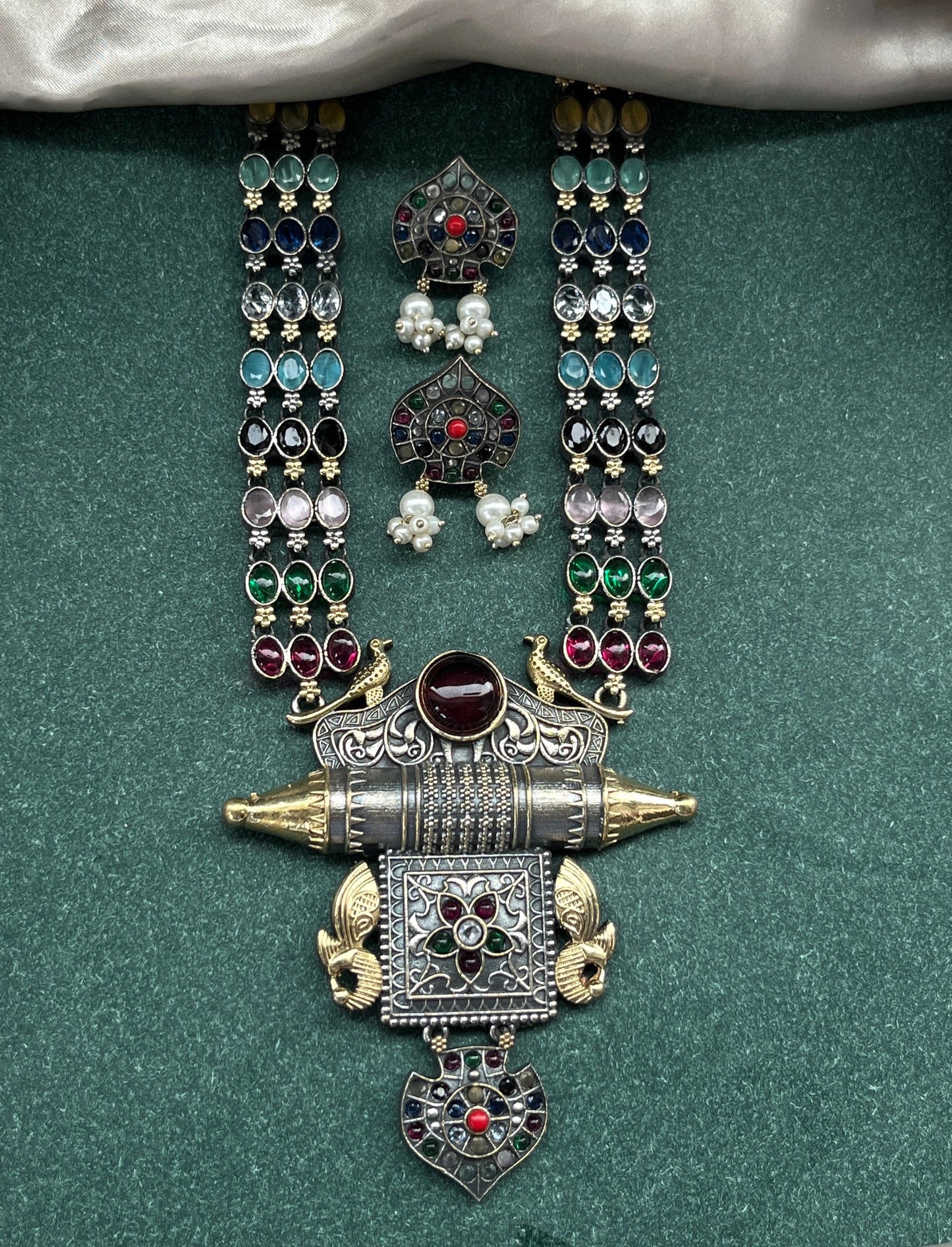 German silver look necklace set with oxidised polish .Traditional jewelry for everyday and festive use,Silver look alike necklace set with oxidised finish ethnic artificial jewelry for women