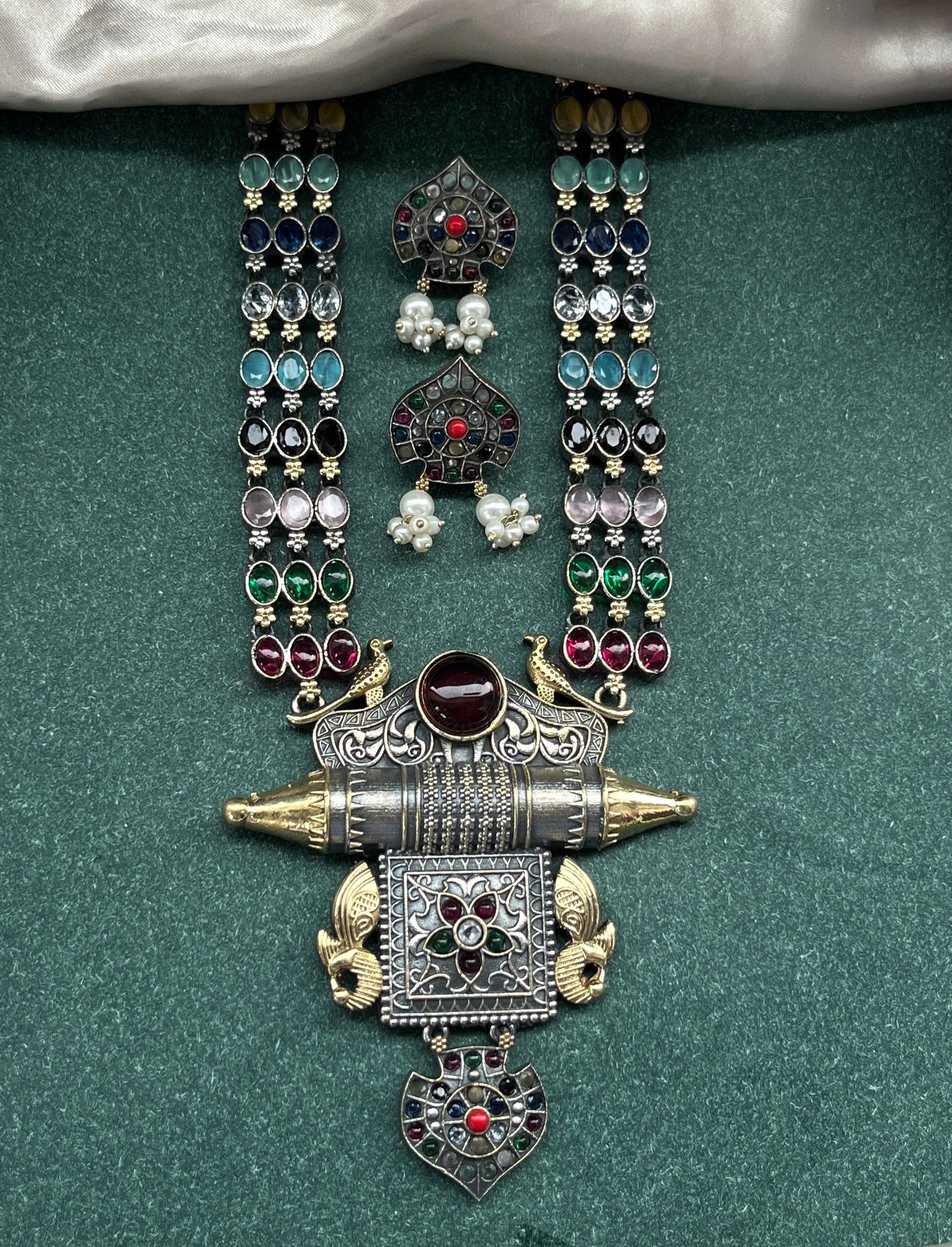 German silver look necklace set with oxidised polish .Traditional jewelry for everyday and festive use,Silver look alike necklace set with oxidised finish ethnic artificial jewelry for women