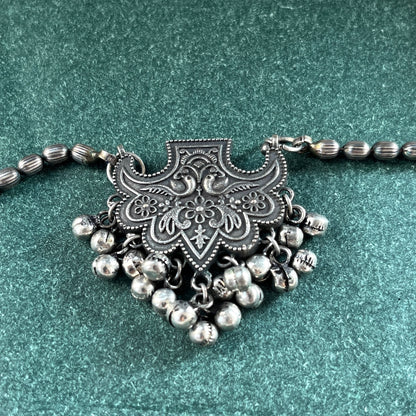 German silver look necklace set with oxidised polish .Traditional jewelry for everyday and festive use,Silver look alike necklace set with oxidised finish ethnic artificial jewelry for women