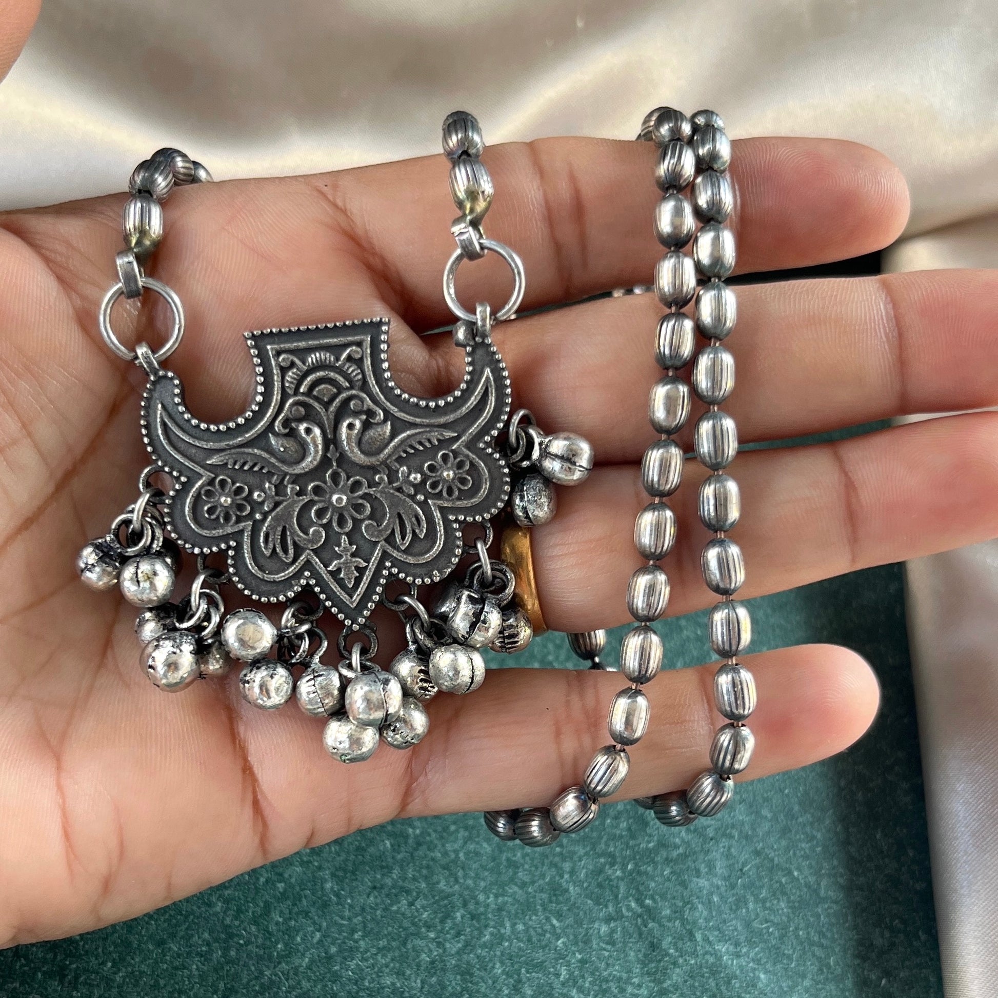 German silver look necklace set with oxidised polish .Traditional jewelry for everyday and festive use,Silver look alike necklace set with oxidised finish ethnic artificial jewelry for women
