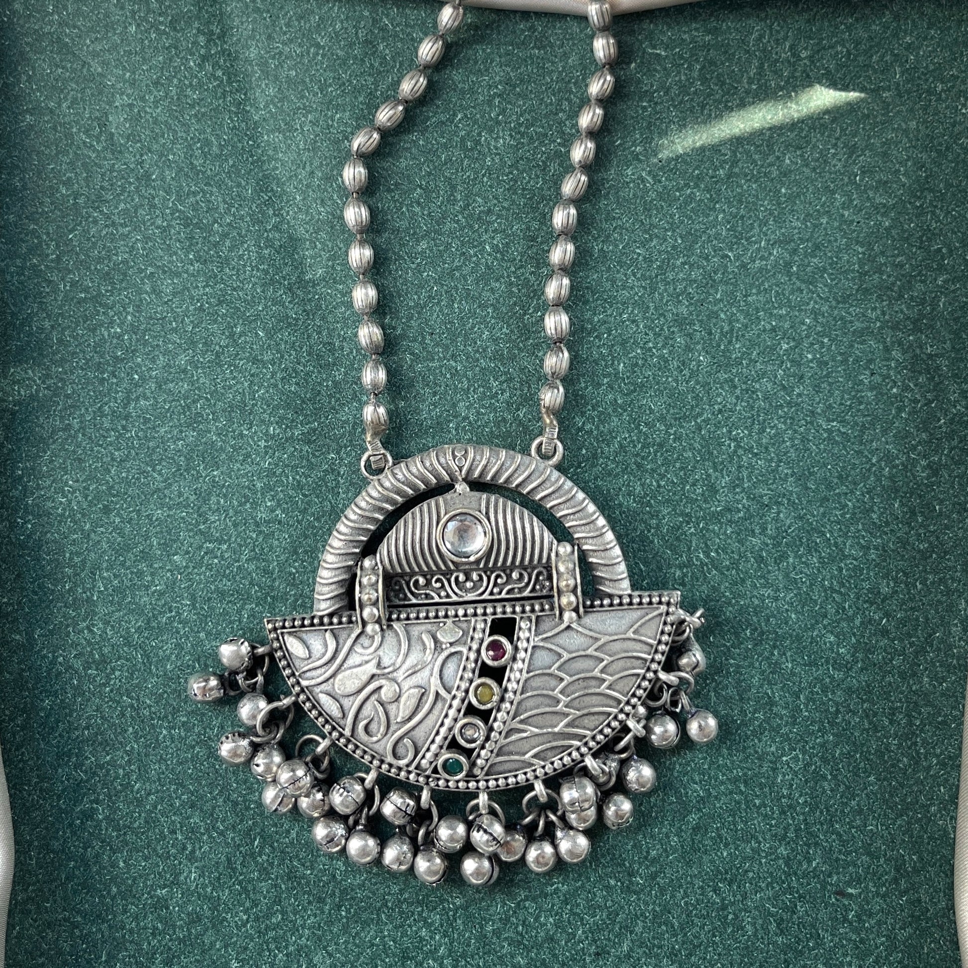 German silver look necklace set with oxidised polish .Traditional jewelry for everyday and festive use,Silver look alike necklace set with oxidised finish ethnic artificial jewelry for women