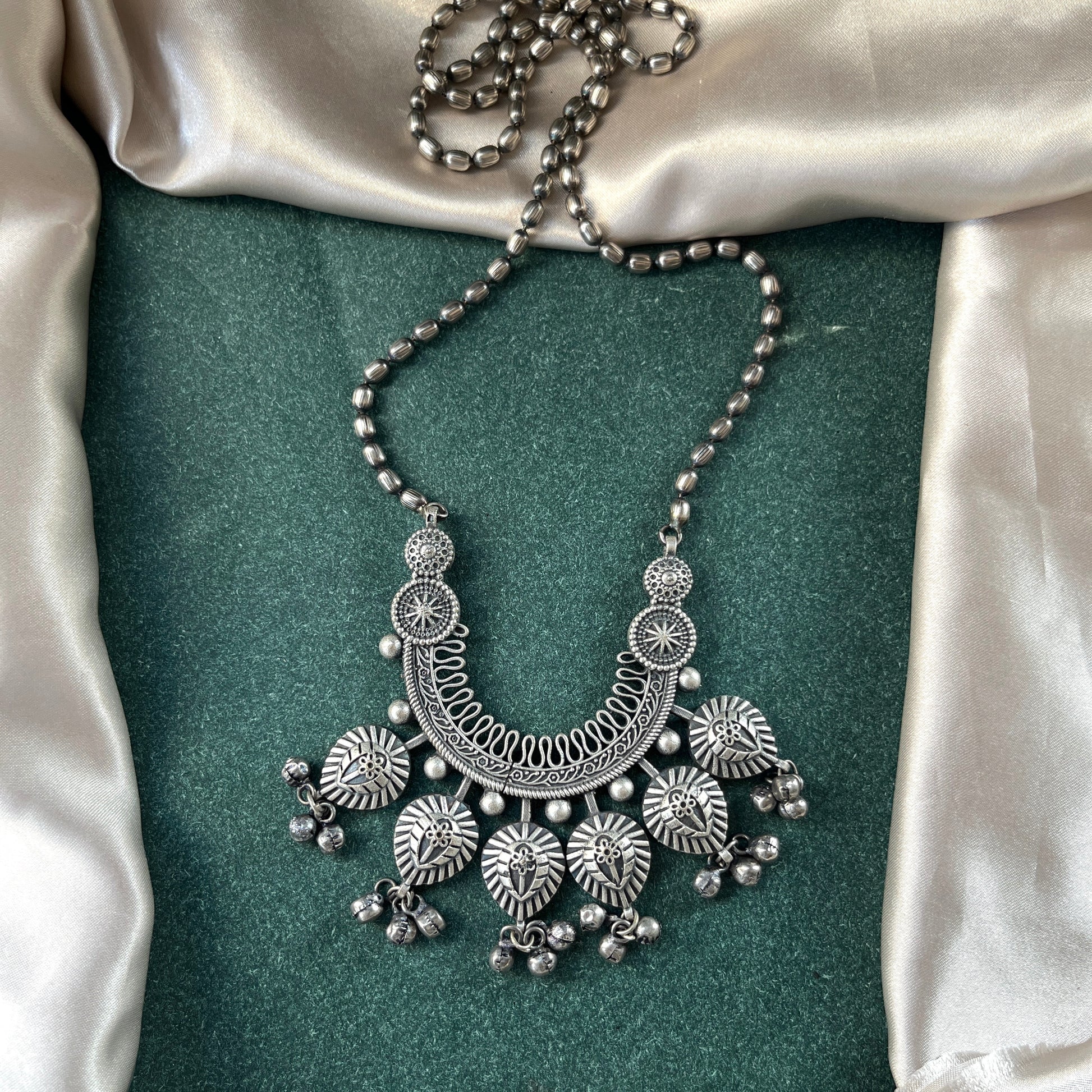 German silver look necklace set with oxidised polish .Traditional jewelry for everyday and festive use,Silver look alike necklace set with oxidised finish ethnic artificial jewelry for women