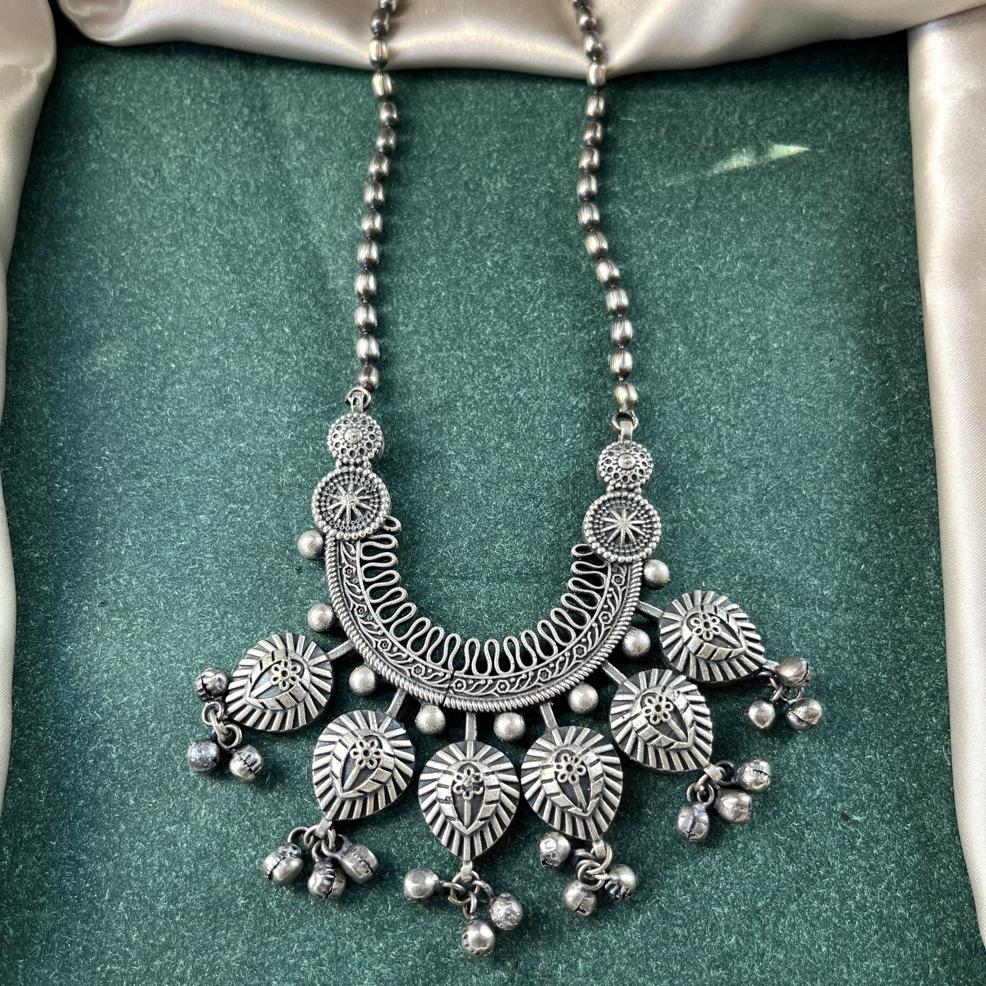German silver look necklace set with oxidised polish .Traditional jewelry for everyday and festive use,Silver look alike necklace set with oxidised finish ethnic artificial jewelry for women