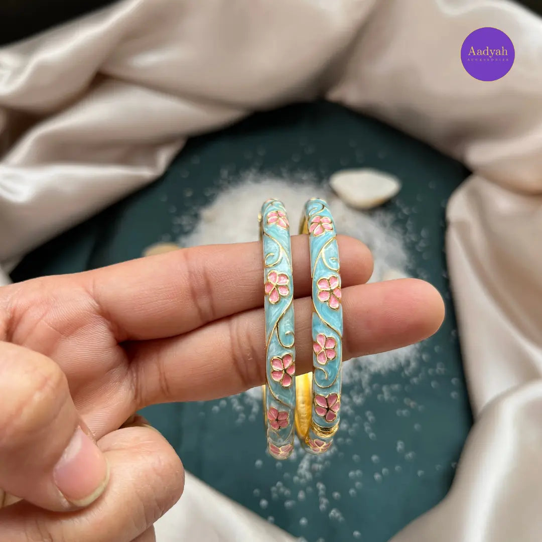Openable Round bangle Kada - Enamel Floral Design
