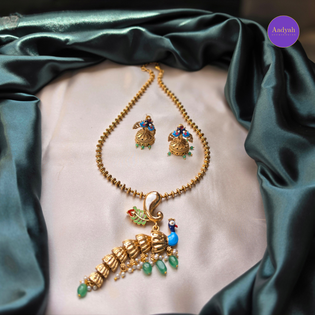 Peacock Enamel Pendant Set - Matt