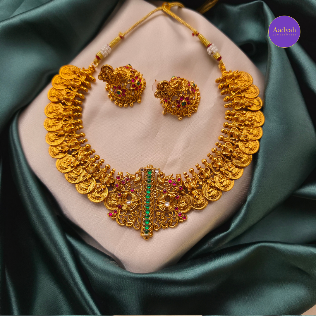 Peacock Kasu Designer Necklace Set - Matt