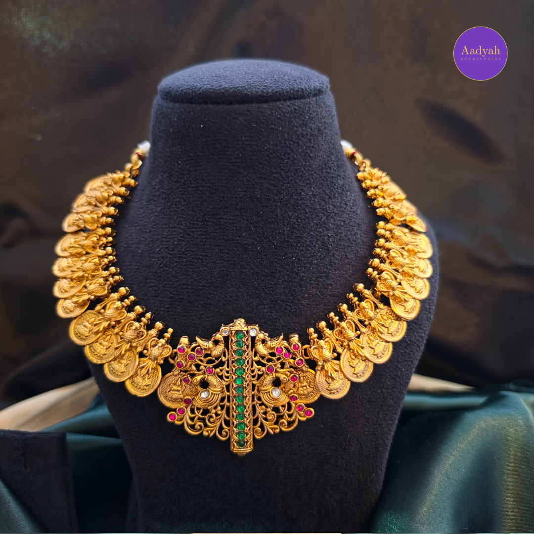 Peacock Kasu Designer Necklace Set - Matt