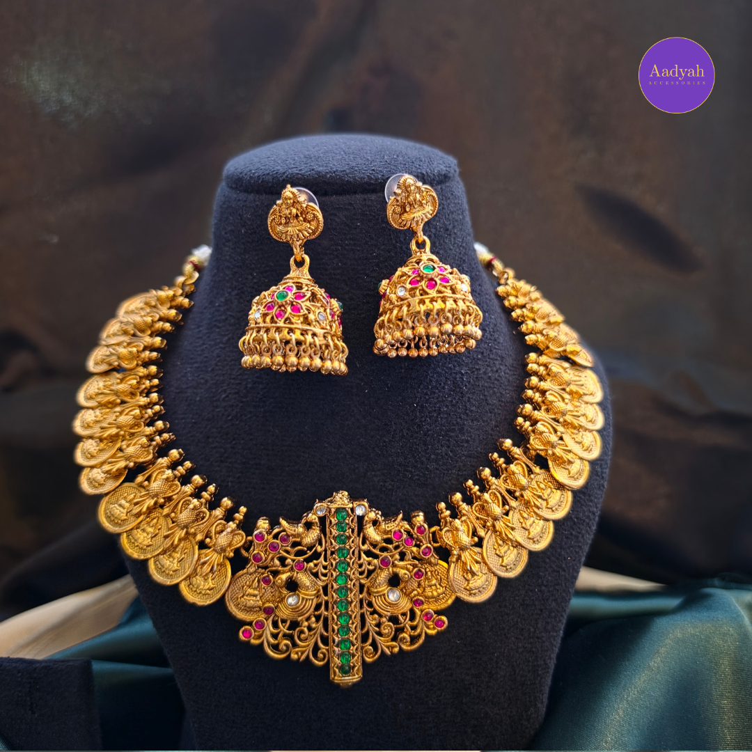 Peacock Kasu Designer Necklace Set - Matt