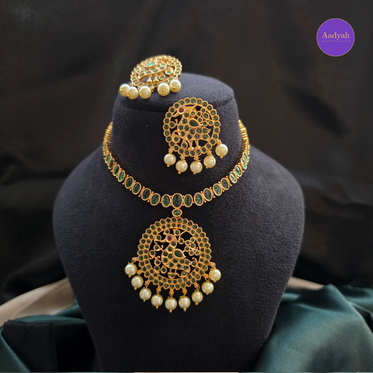 Peacock Kemp Stone Necklace Set - Green