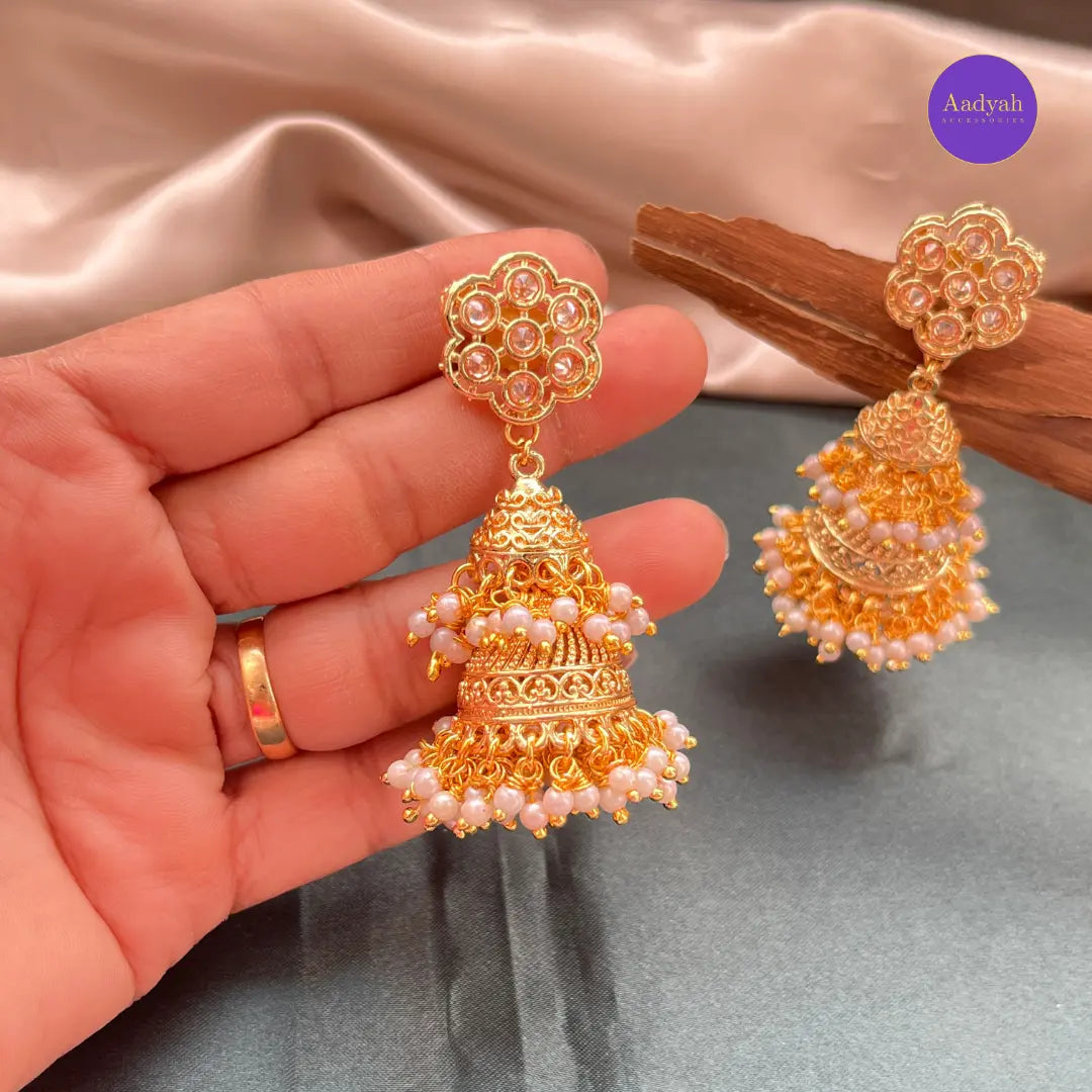 Statement Long Antique Stone Jhumkas - Gold