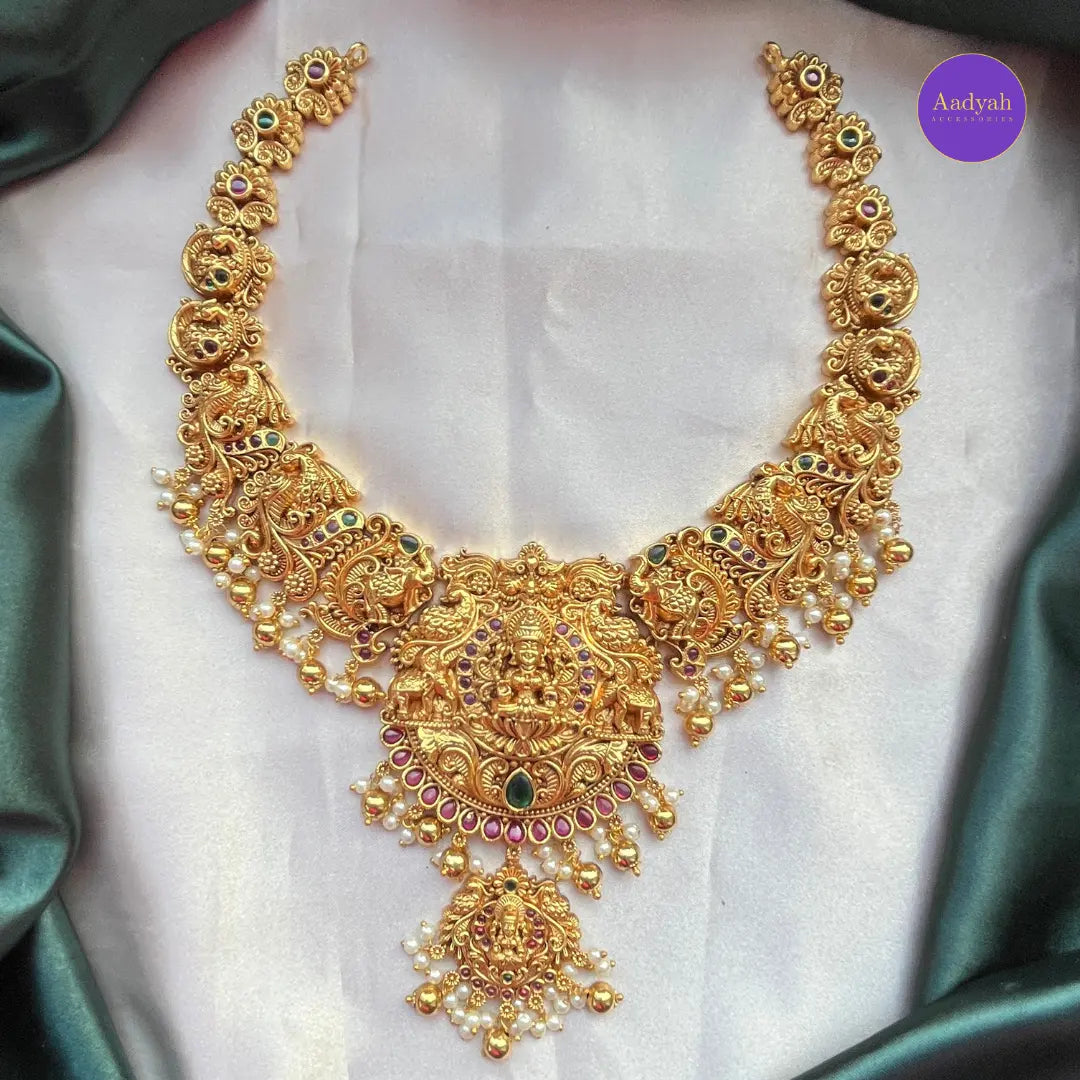 Temple Peacock- 3d Necklace Set - Gold