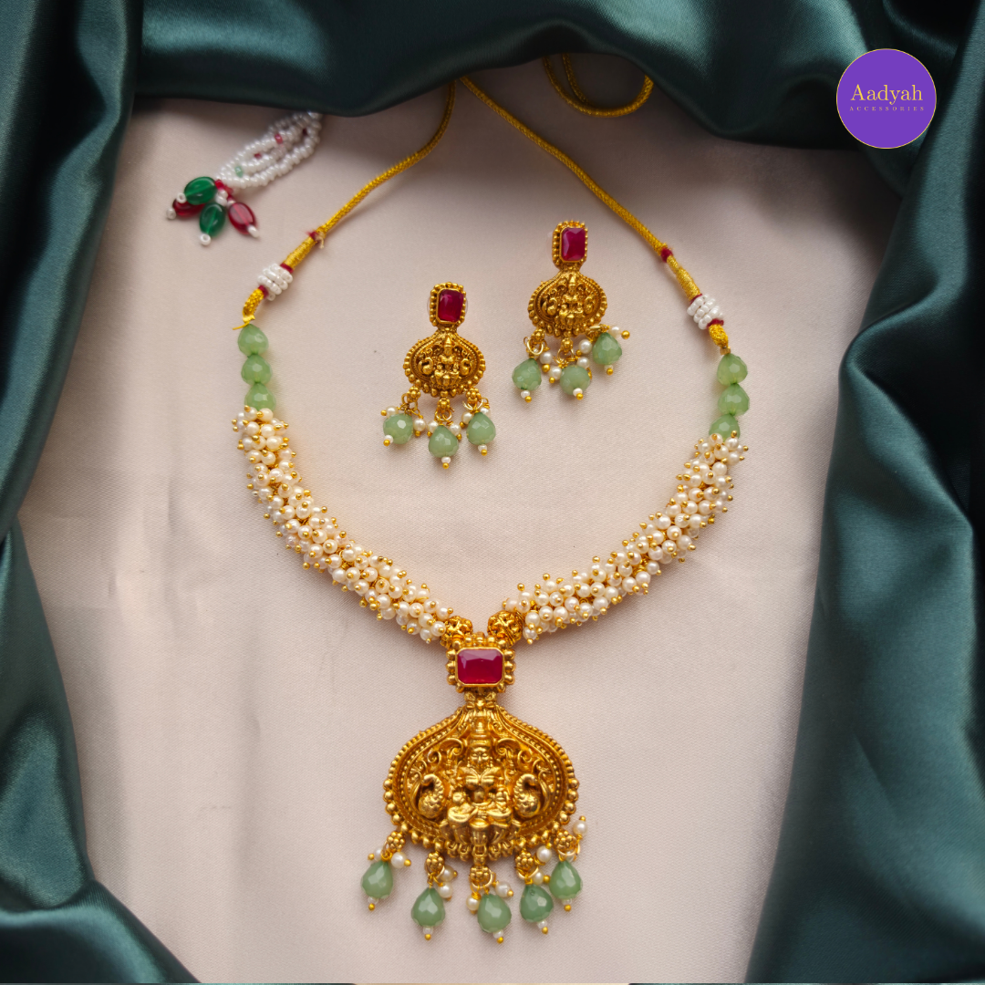 Temple Pearl Necklace Set - Ruby & Mint