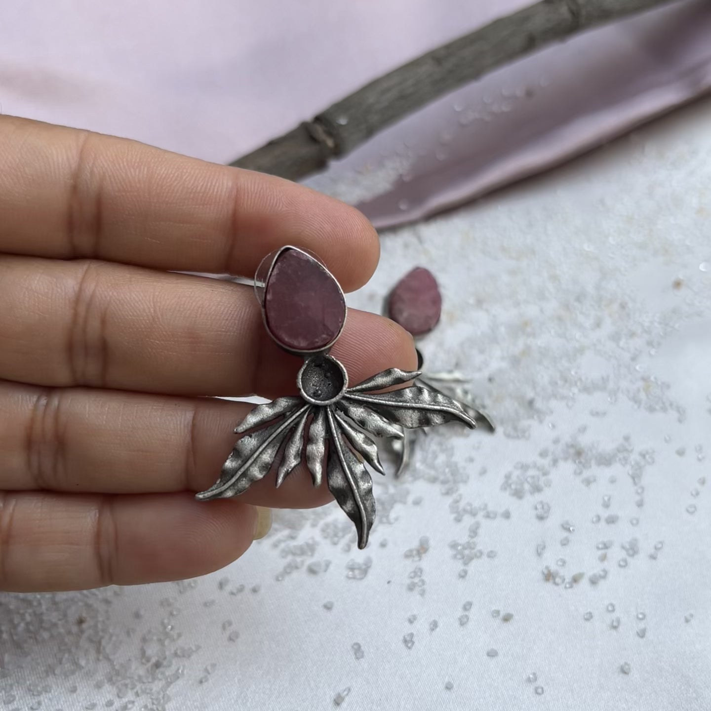 Rustic finish semi-precious sand Stone in leaf like motif stud  Length - 2.0 Inc Silver Look | Light-Weight |Anti-Allergic | Anti-Tarnish