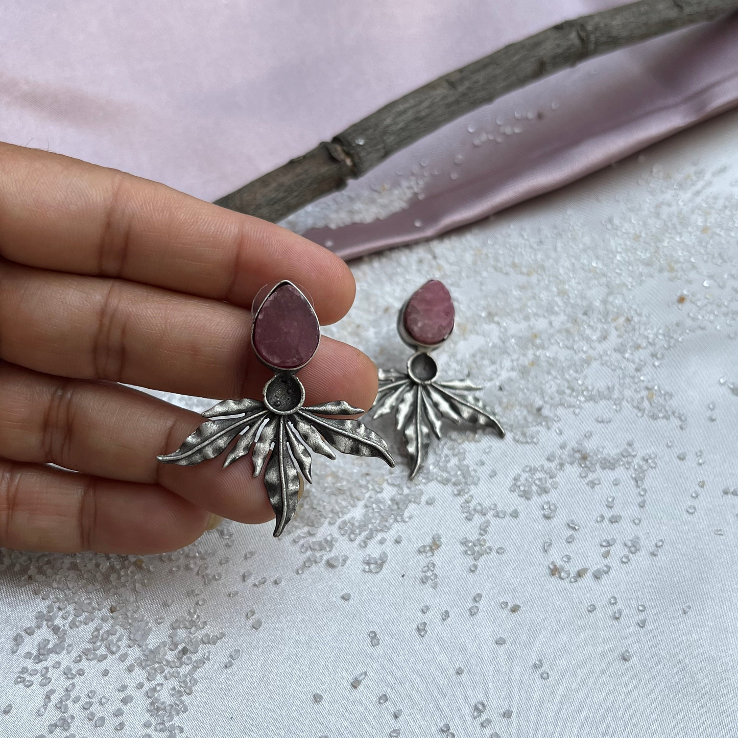 Rustic finish semi-precious sand Stone in leaf like motif stud  Length - 2.0 Inc Silver Look | Light-Weight |Anti-Allergic | Anti-Tarnish
