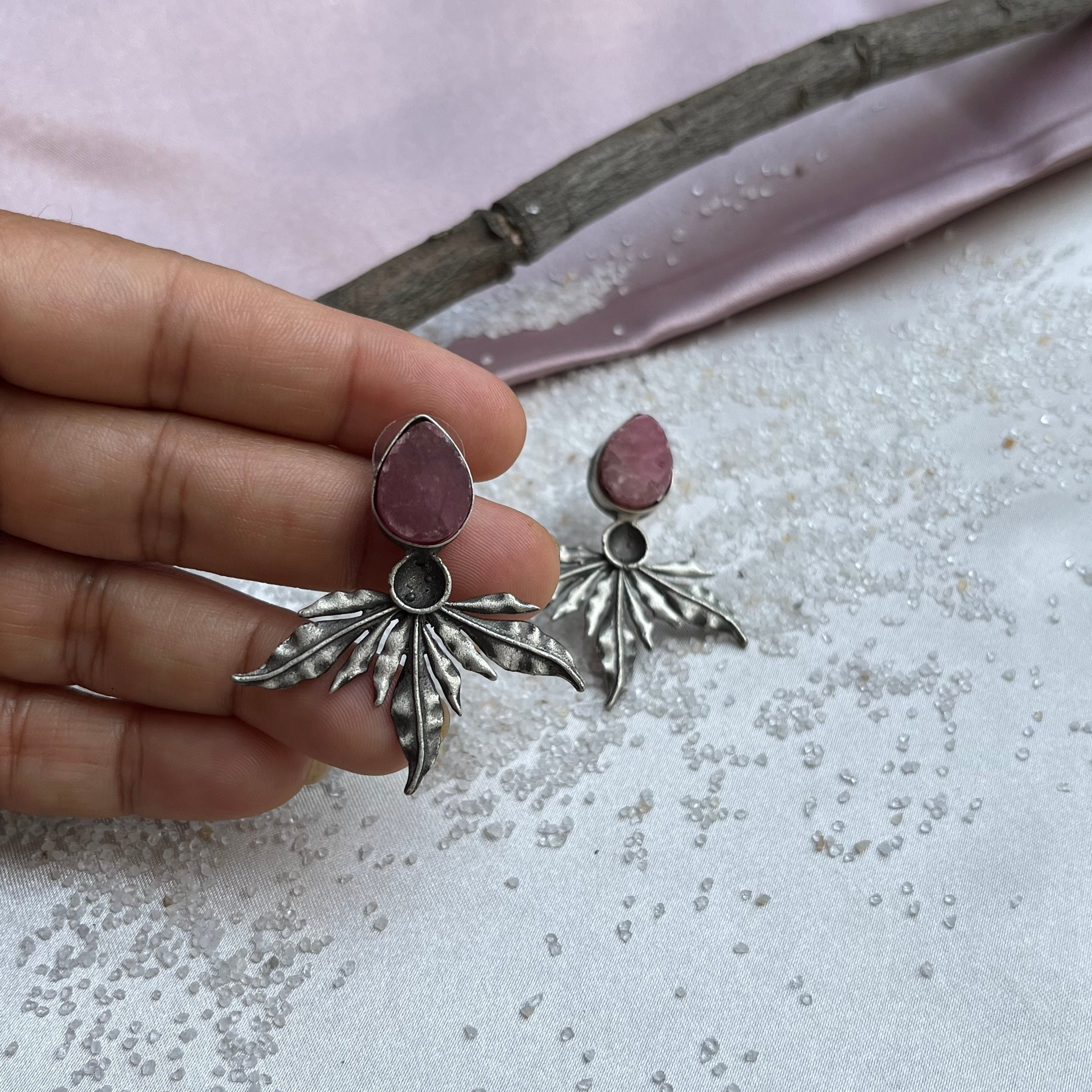 Rustic finish semi-precious sand Stone in leaf like motif stud  Length - 2.0 Inc Silver Look | Light-Weight |Anti-Allergic | Anti-Tarnish