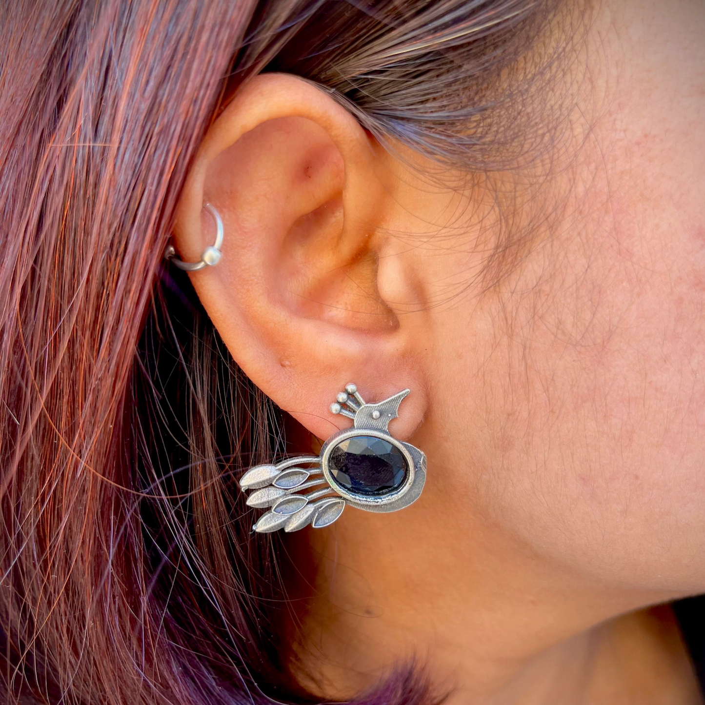 Oval Black Stone Birdy Earrings